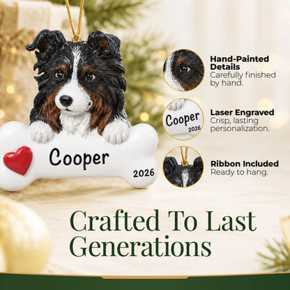 Close-up of the personalized Australian shepherd Christmas ornament showing hand-painted details and laser engraving