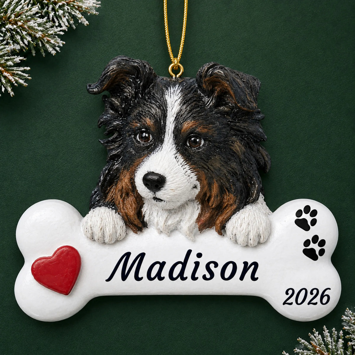 Personalized Australian Shepherd Dog Bone christmas ornament on a dark green pine background