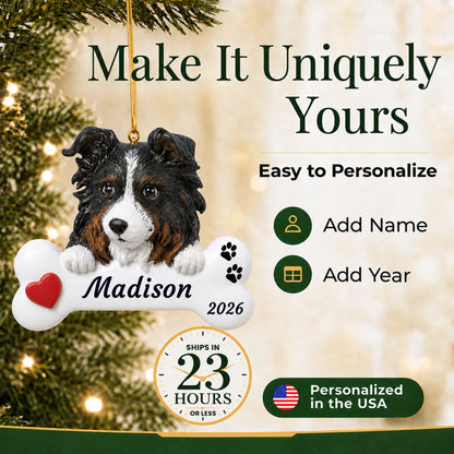Make it yours: personalize the Australian Shepherd Dog Bone christmas ornament with your dog's name and the year