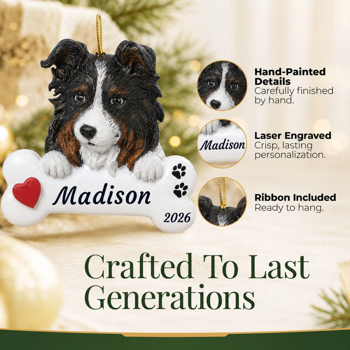 Hand-painted, laser engraved Australian Shepherd Dog Bone christmas ornament, ribbon included