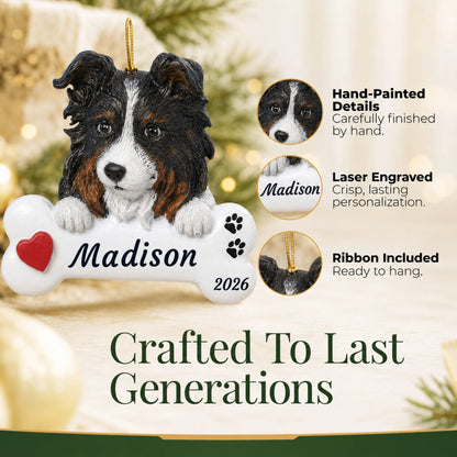 Hand-painted, laser engraved Australian Shepherd Dog Bone christmas ornament, ribbon included
