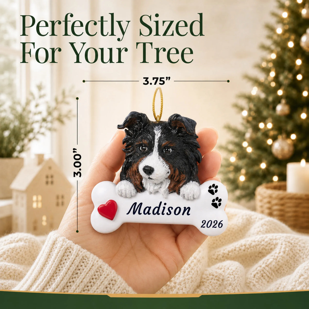 Size guide: the personalized Australian Shepherd Dog Bone christmas ornament is 3.75 in wide by 3.00 in tall, shown in hand