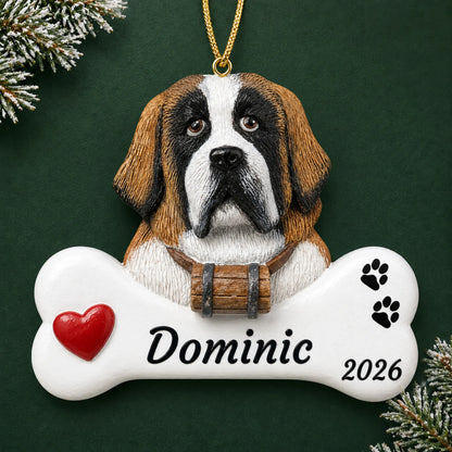 Personalized St. Bernard Dog Bone christmas ornament on a dark green pine background