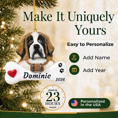 Make it yours: personalize the St. Bernard Dog Bone christmas ornament with your dog's name and the year