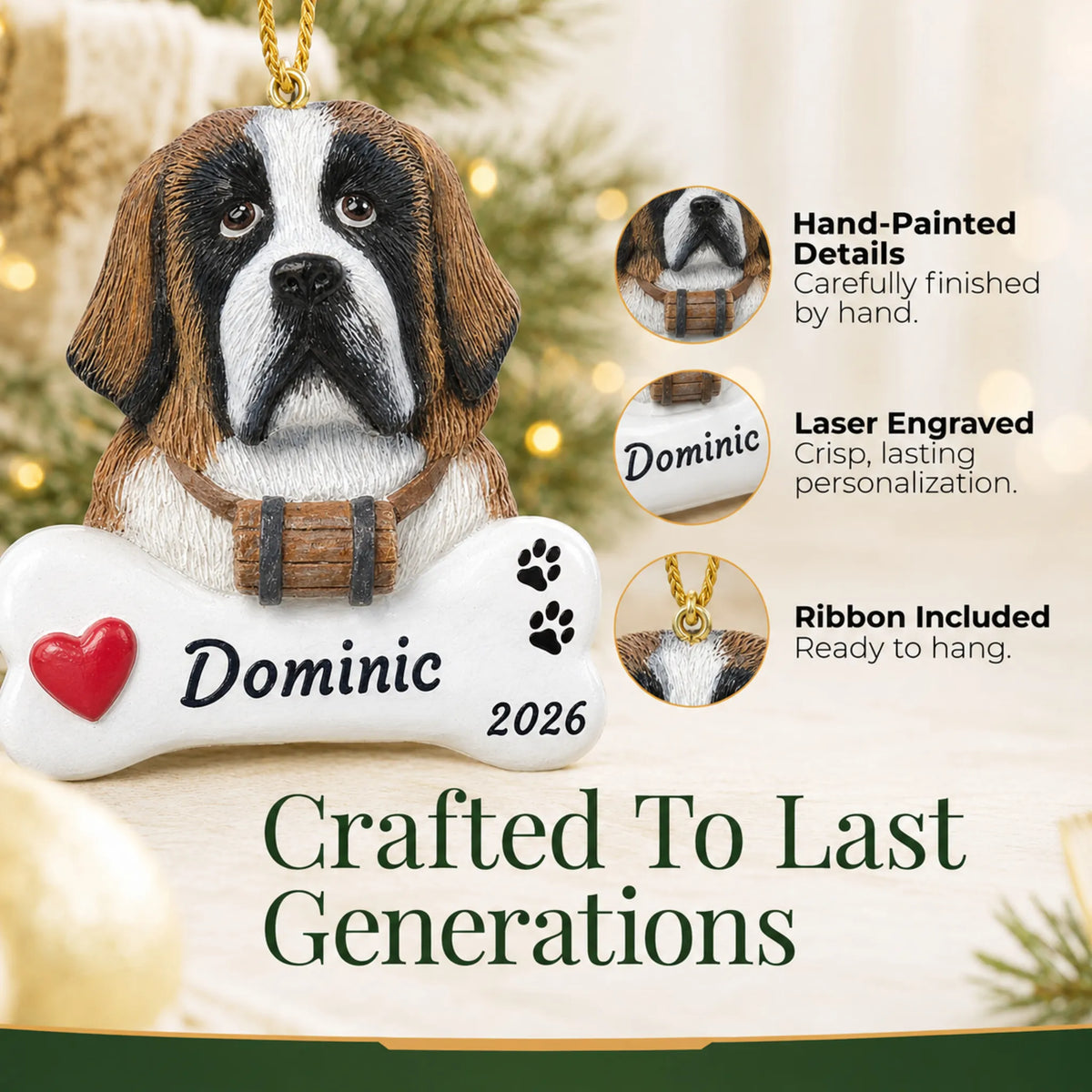 Hand-painted, laser engraved St. Bernard Dog Bone christmas ornament, ribbon included