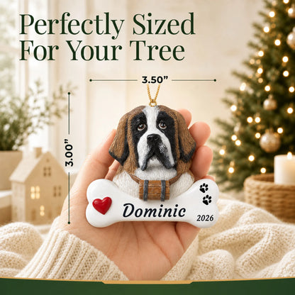 Size guide: the personalized St. Bernard Dog Bone christmas ornament is 3.50 in wide by 3.00 in tall, shown in hand
