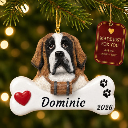St. Bernard Dog Bone christmas ornament hanging on a lit Christmas tree with a Made Just For You gift tag