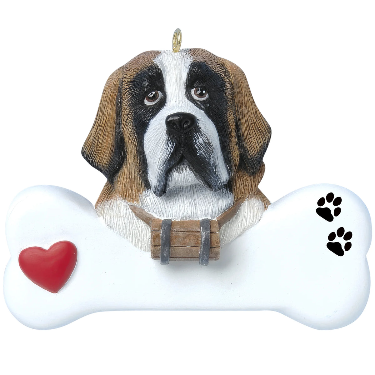 Personalized St. Bernard dog bone Christmas ornament shown blank, ready for your dog's name and year
