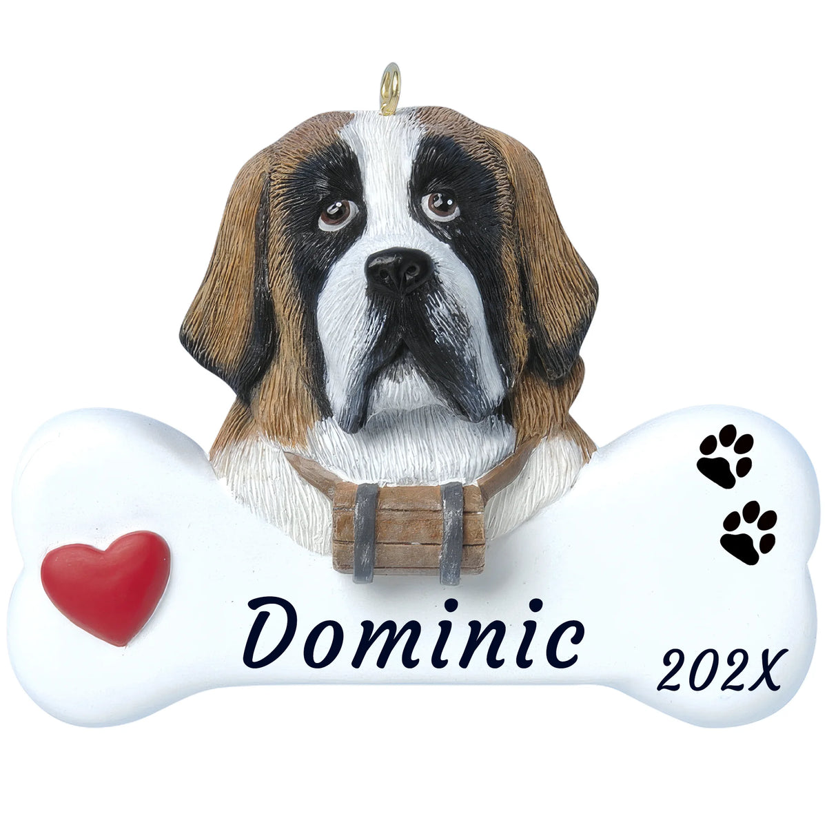 Personalized St. Bernard dog bone Christmas ornament, a St. Bernard with a barrel collar over a white bone, name and year