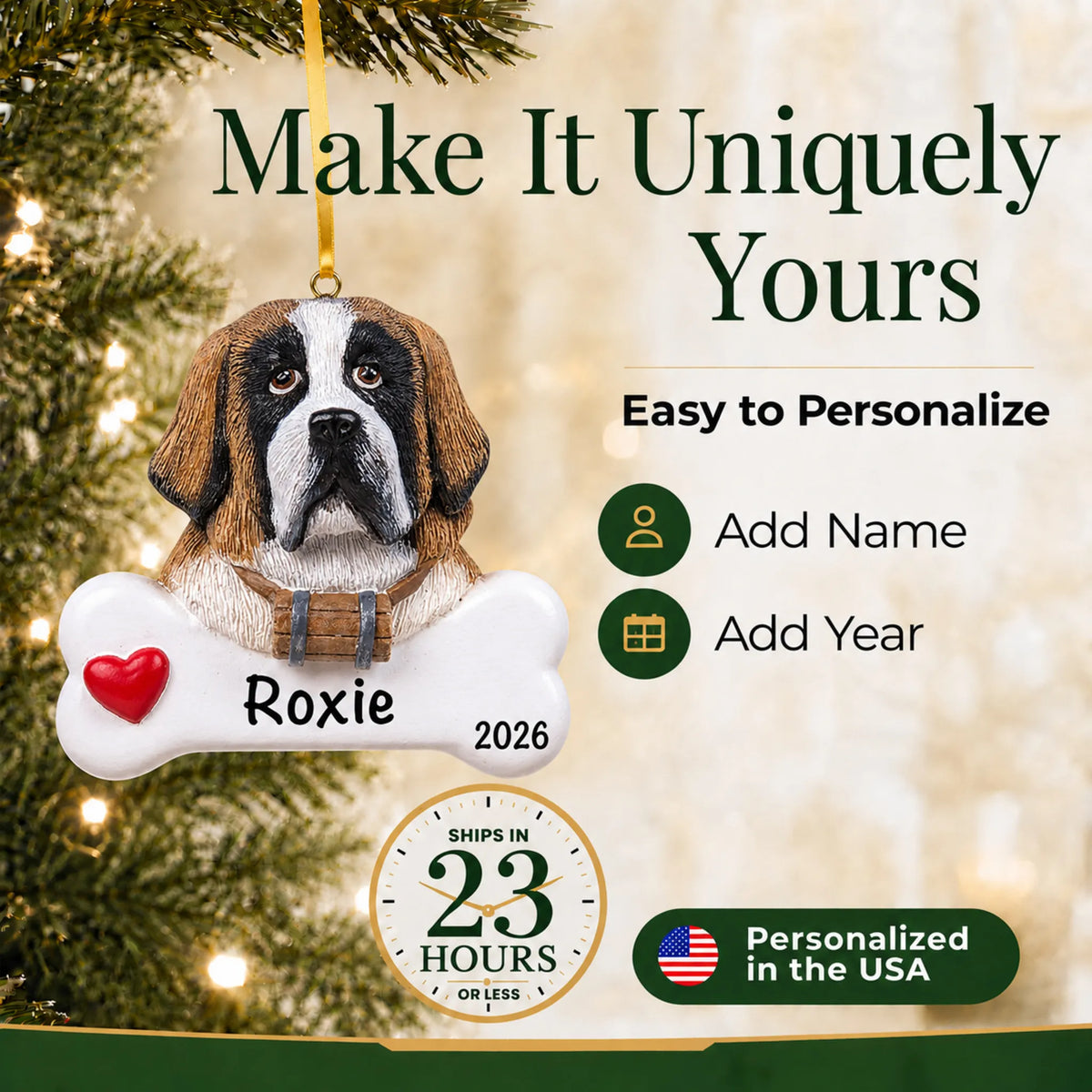 Personalized St. Bernard Christmas ornament with name and year options, ships in 23 hours, made in the USA