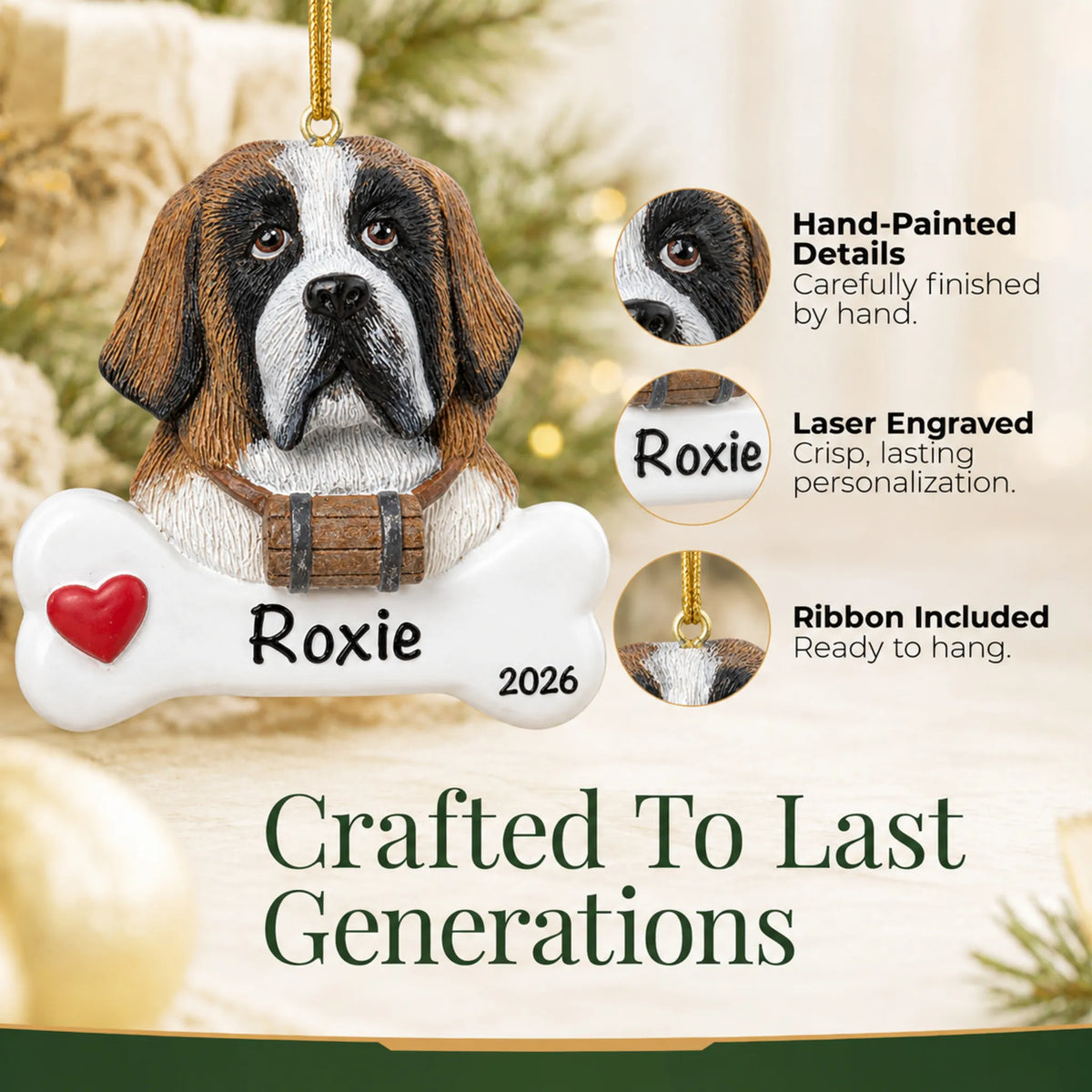 Close-up of the personalized St. Bernard Christmas ornament showing hand-painted details and laser engraving