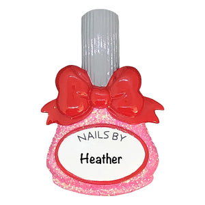 Personalized nail tech Christmas ornament, a sparkly nail polish bottle engraved Nails by with a name