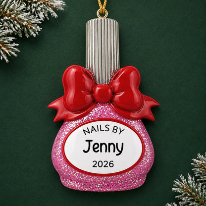 Personalized nail polish bottle nail tech christmas ornament on a dark green pine background