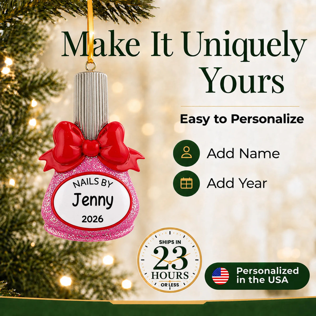 Make it yours: add name and year to the personalized nail polish bottle nail tech christmas ornament