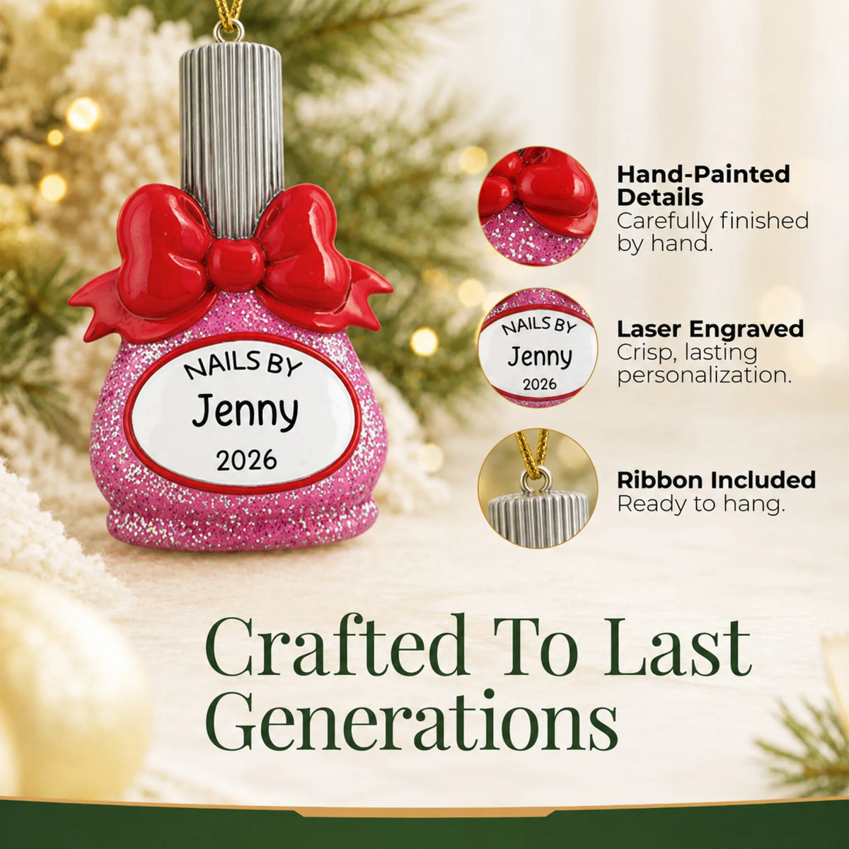 Hand-painted, laser engraved nail polish bottle nail tech christmas ornament, ribbon included