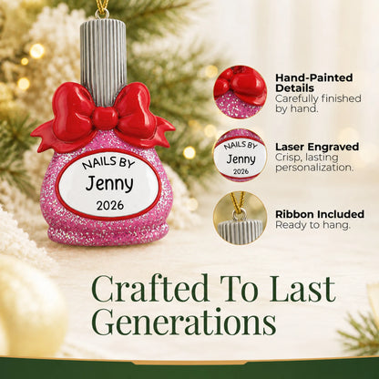 Hand-painted, laser engraved nail polish bottle nail tech christmas ornament, ribbon included