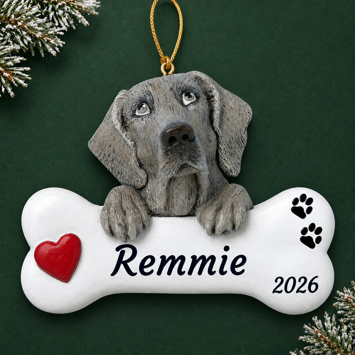 Personalized Weimaraner Dog Bone christmas ornament on a dark green pine background