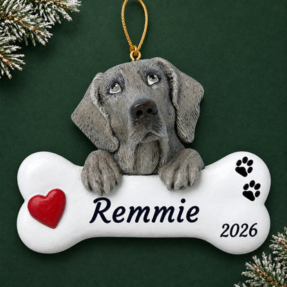 Personalized Weimaraner Dog Bone christmas ornament on a dark green pine background