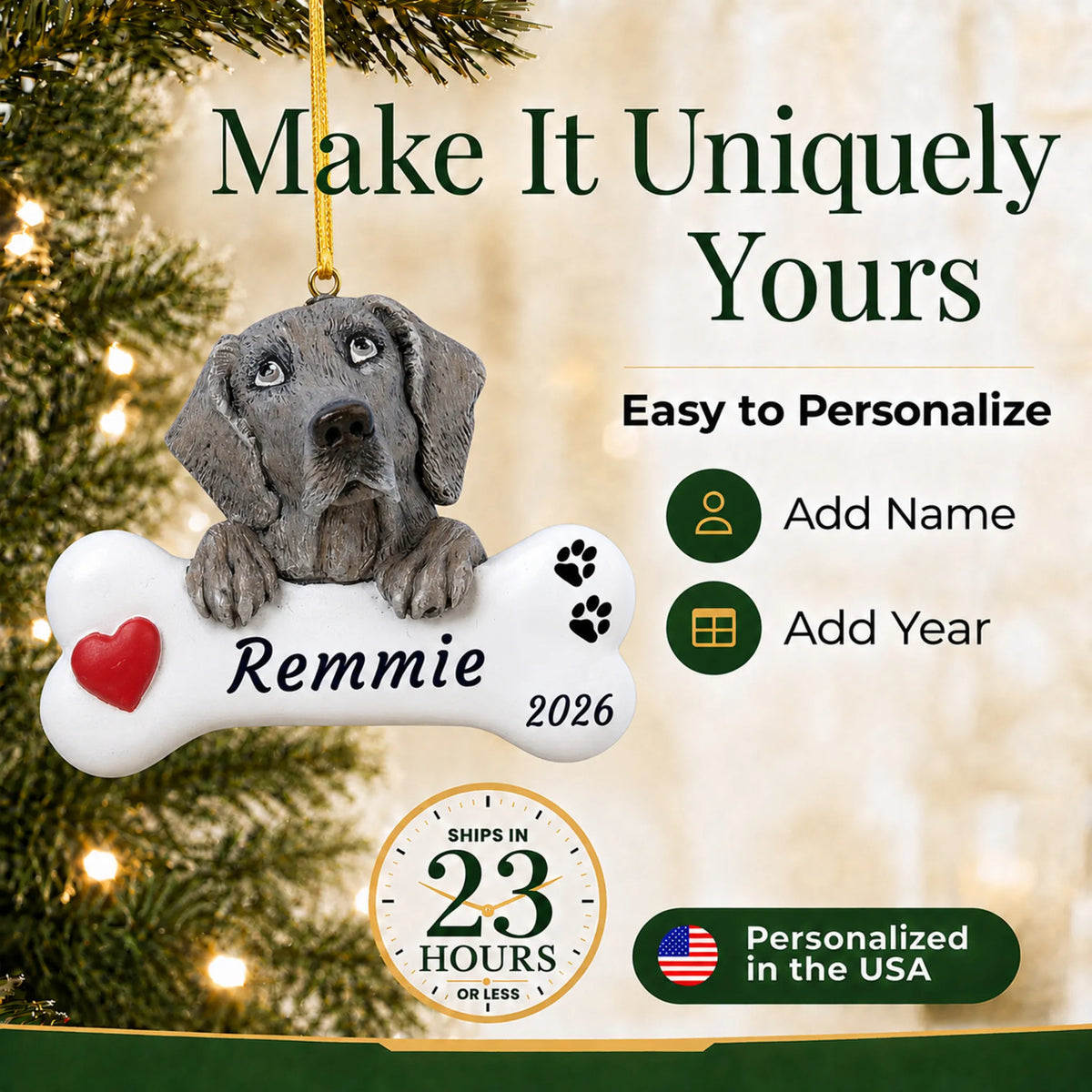 Make it yours: personalize the Weimaraner Dog Bone christmas ornament with your dog's name and the year