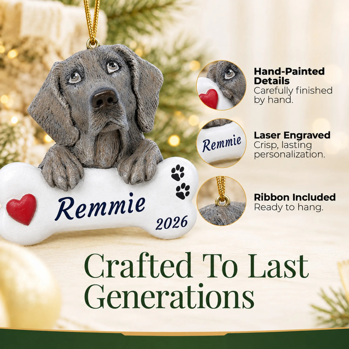 Hand-painted, laser engraved Weimaraner Dog Bone christmas ornament, ribbon included