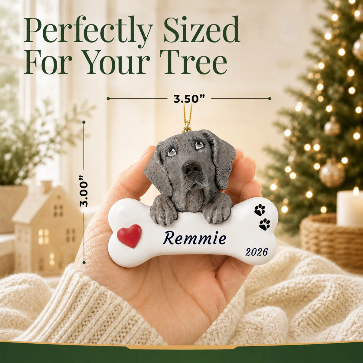 Size guide: the personalized Weimaraner Dog Bone christmas ornament is 3.50 in wide by 3.00 in tall, shown in hand