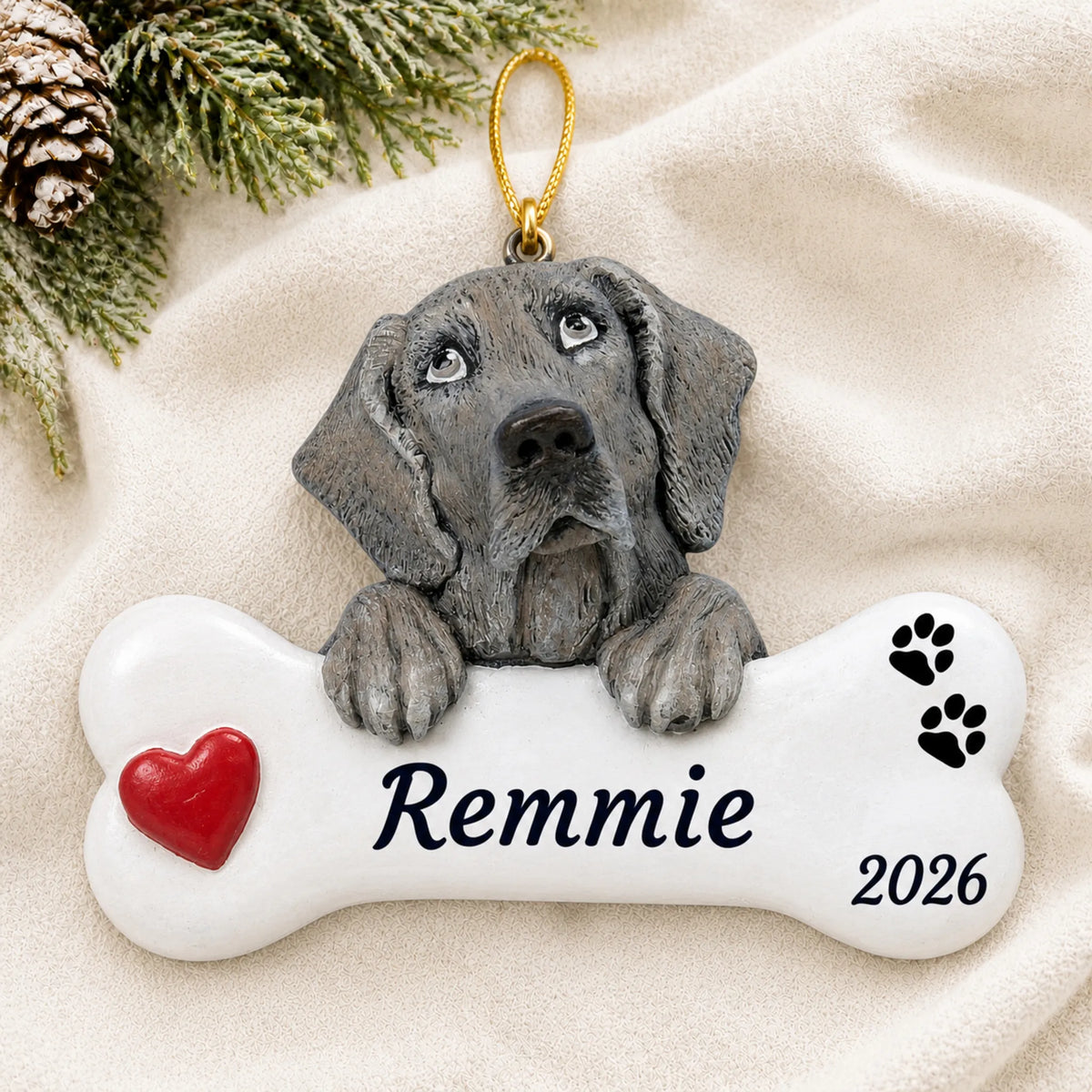 Personalized Weimaraner Dog Bone christmas ornament laid on a soft white knit blanket