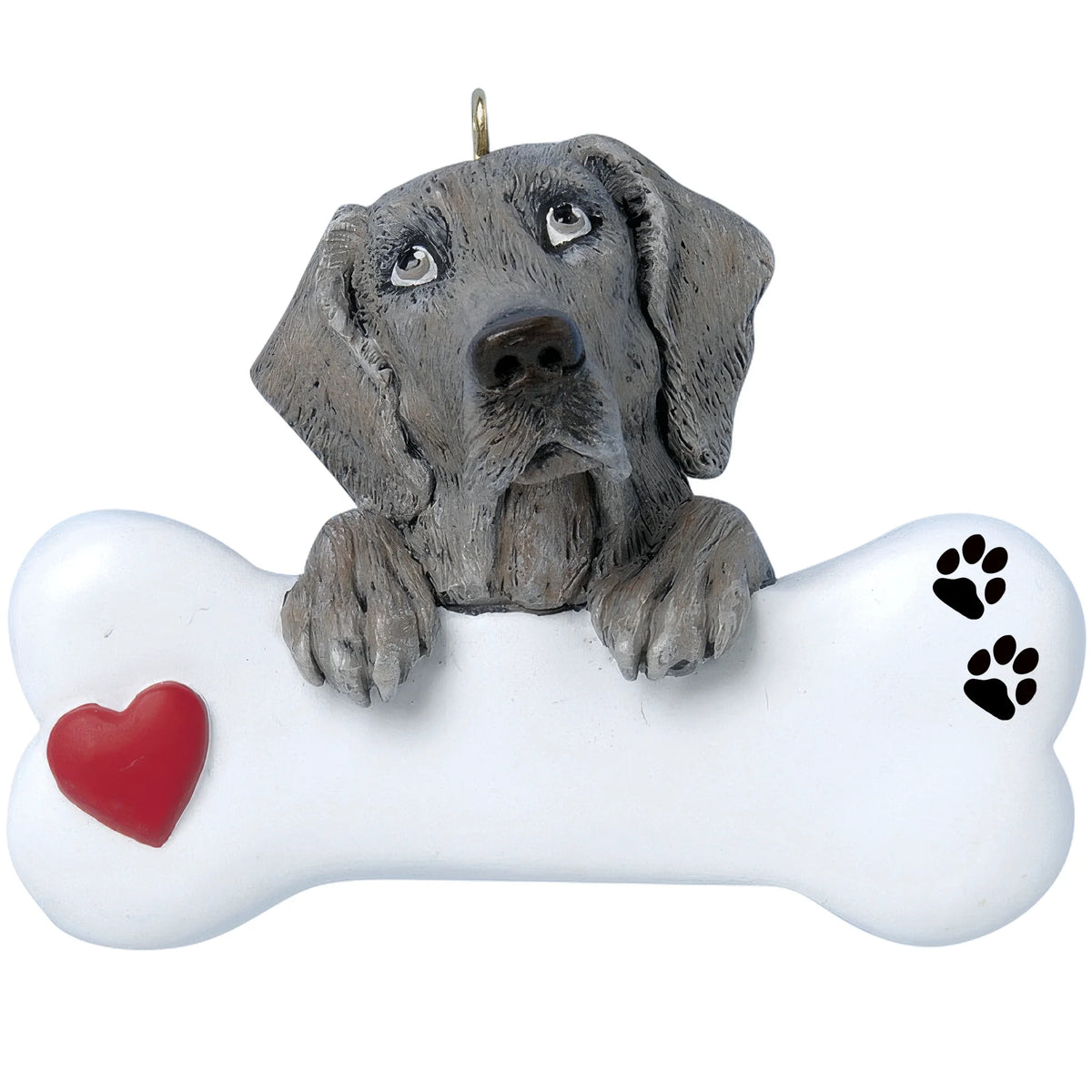 Personalized Weimaraner dog bone Christmas ornament shown blank, ready for your dog's name and year