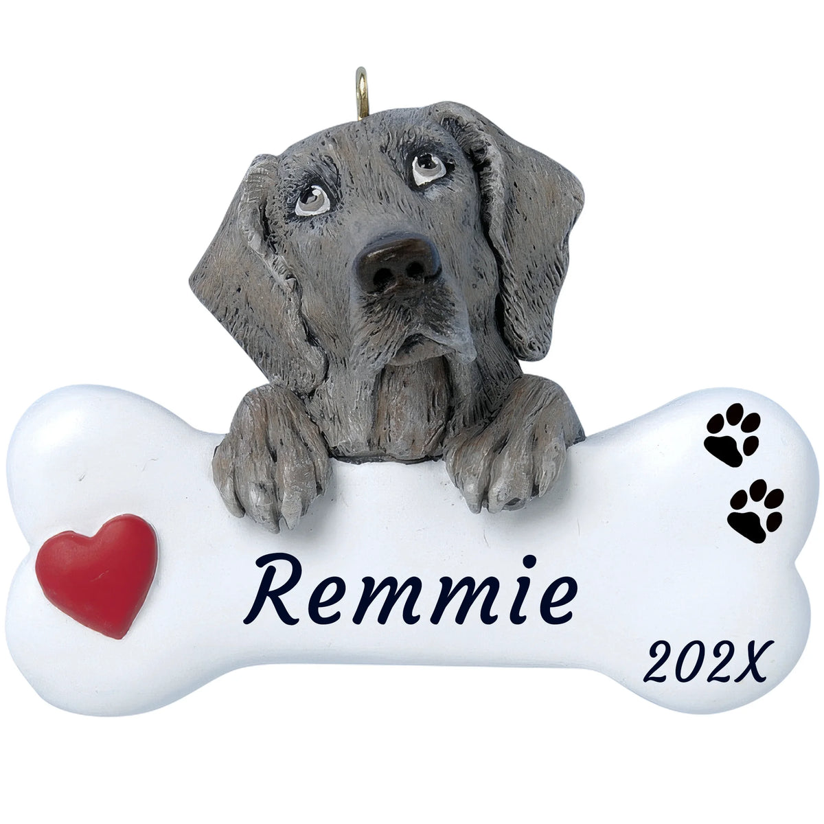 Personalized Weimaraner dog bone Christmas ornament, a silver gray Weimaraner on a white bone, red heart, name and year