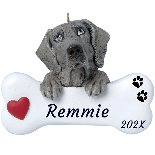 Personalized Weimaraner dog bone Christmas ornament, a silver gray Weimaraner on a white bone, red heart, name and year
