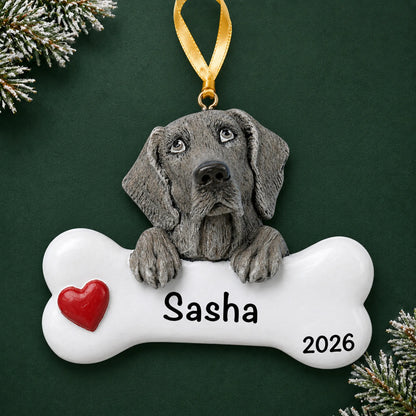 Personalized Weimaraner dog bone Christmas ornament, engraved with a name and year, on a green holiday backdrop