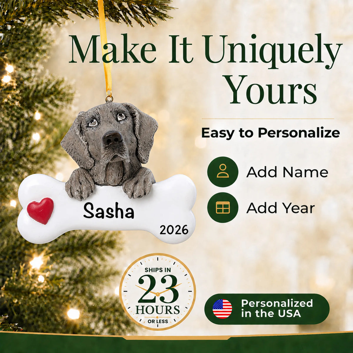 Personalized Weimaraner Christmas ornament with name and year options, ships in 23 hours, made in the USA
