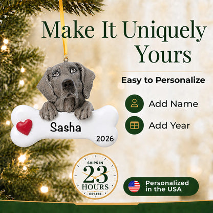 Personalized Weimaraner Christmas ornament with name and year options, ships in 23 hours, made in the USA
