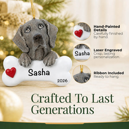 Close-up of the personalized Weimaraner Christmas ornament showing hand-painted details and laser engraving