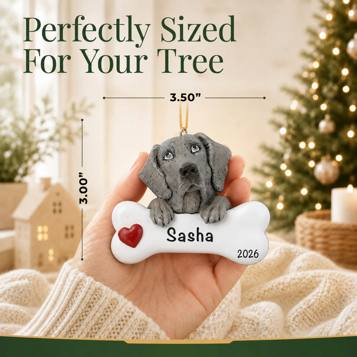 Hand holding the personalized Weimaraner Christmas ornament to show its 3.50 inch width