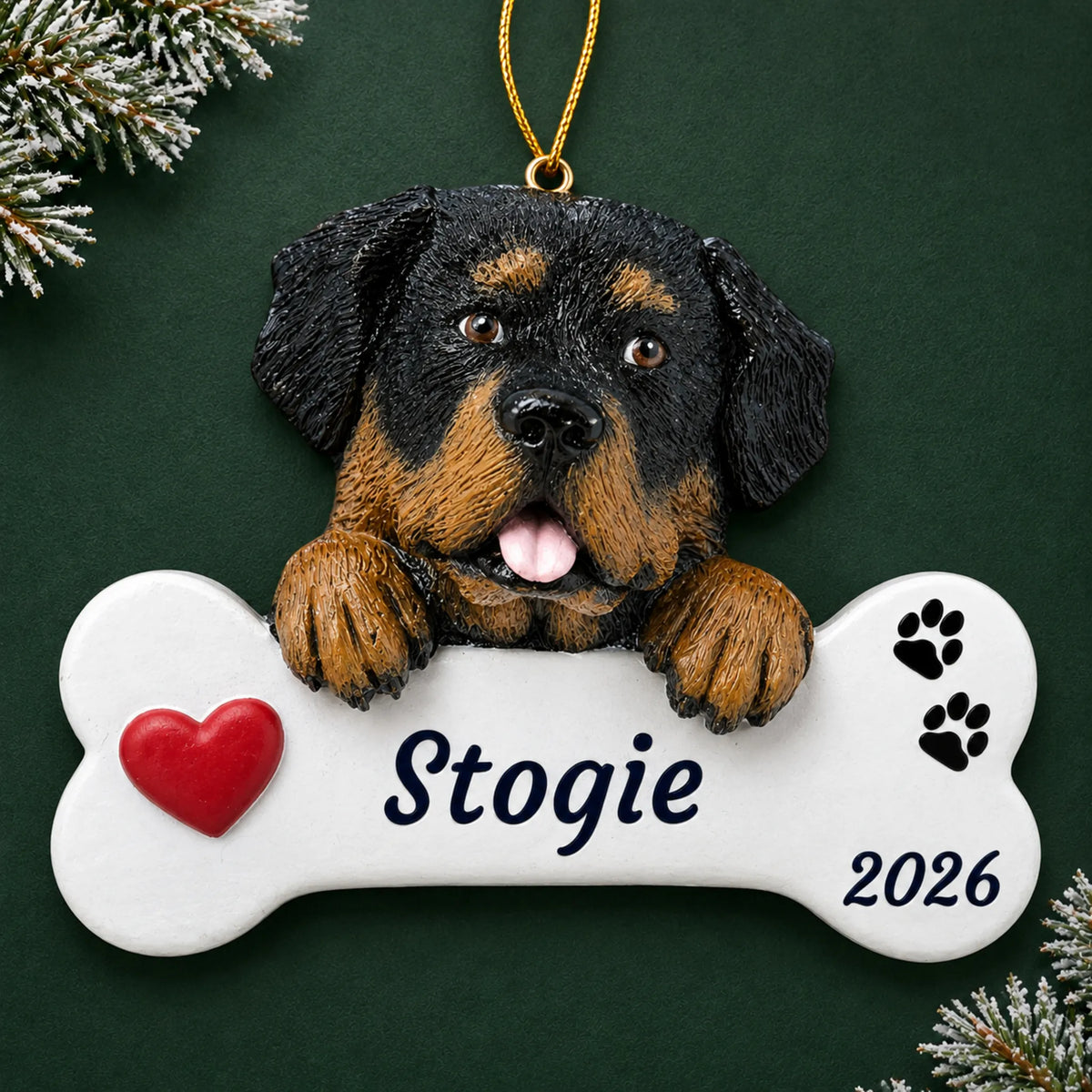 Personalized Rottweiler Dog Bone christmas ornament on a dark green pine background