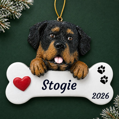 Personalized Rottweiler Dog Bone christmas ornament on a dark green pine background