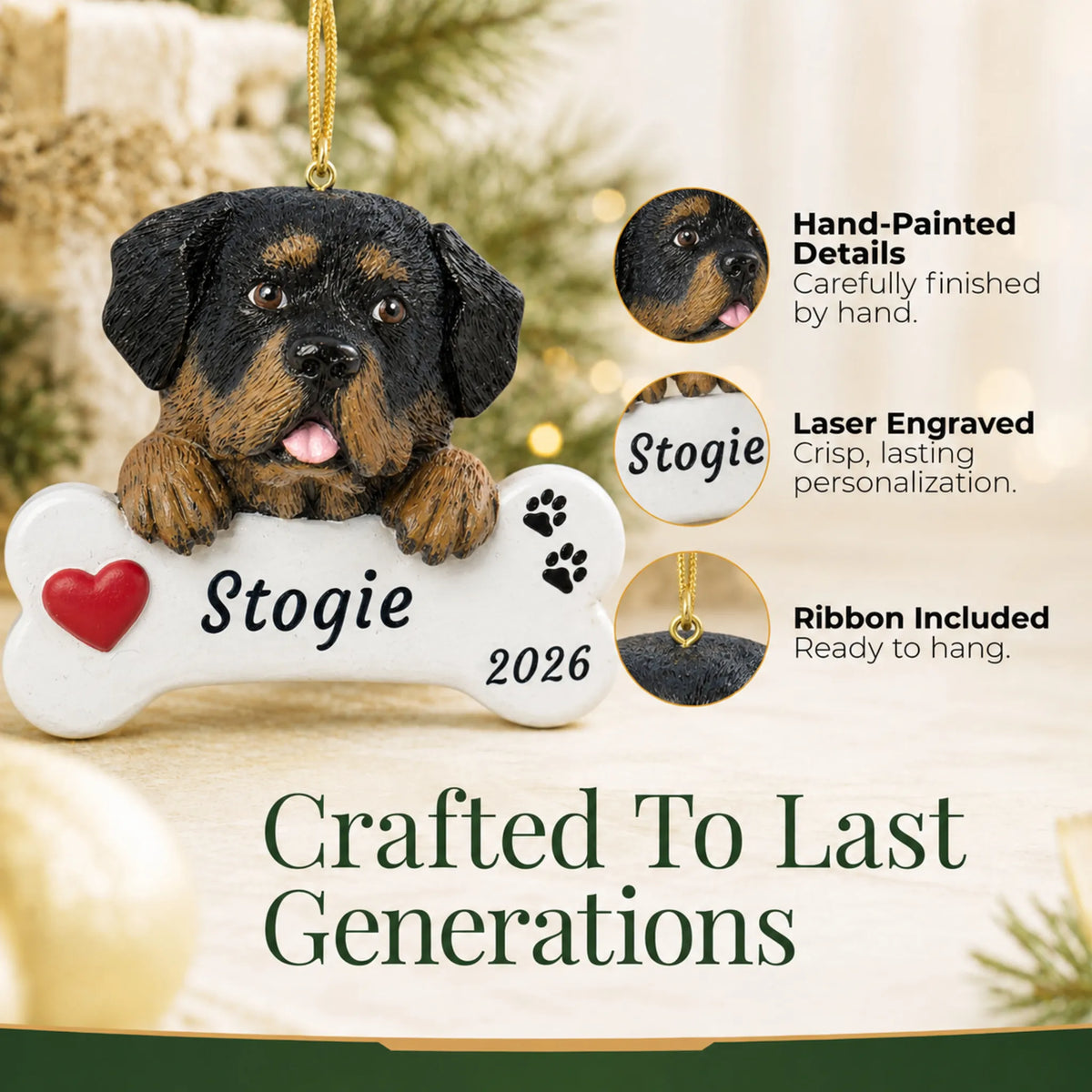 Hand-painted, laser engraved Rottweiler Dog Bone christmas ornament, ribbon included