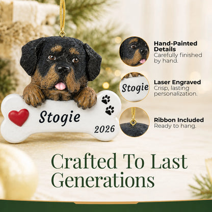 Hand-painted, laser engraved Rottweiler Dog Bone christmas ornament, ribbon included