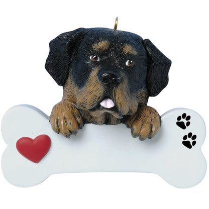 Personalized Rottweiler dog bone Christmas ornament shown blank, ready for your dog's name and year