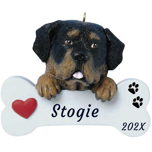 Personalized Rottweiler dog bone Christmas ornament, a black and tan Rottie on a white bone, red heart, name and year