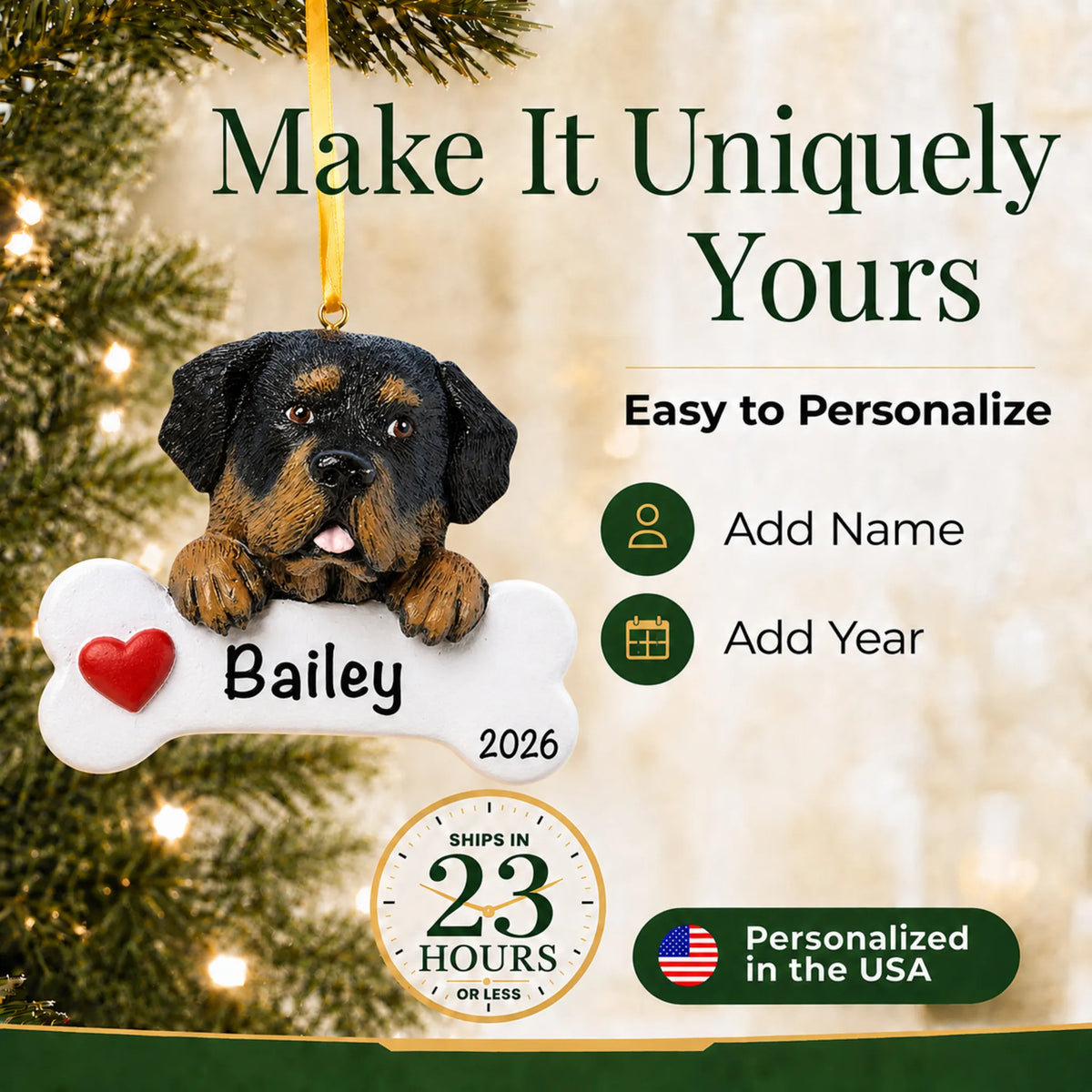 Personalized Rottweiler Christmas ornament with name and year options, ships in 23 hours, made in the USA