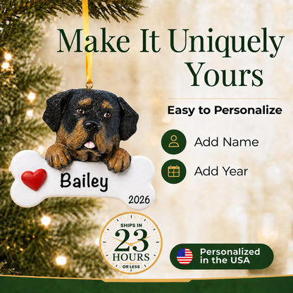 Personalized Rottweiler Christmas ornament with name and year options, ships in 23 hours, made in the USA