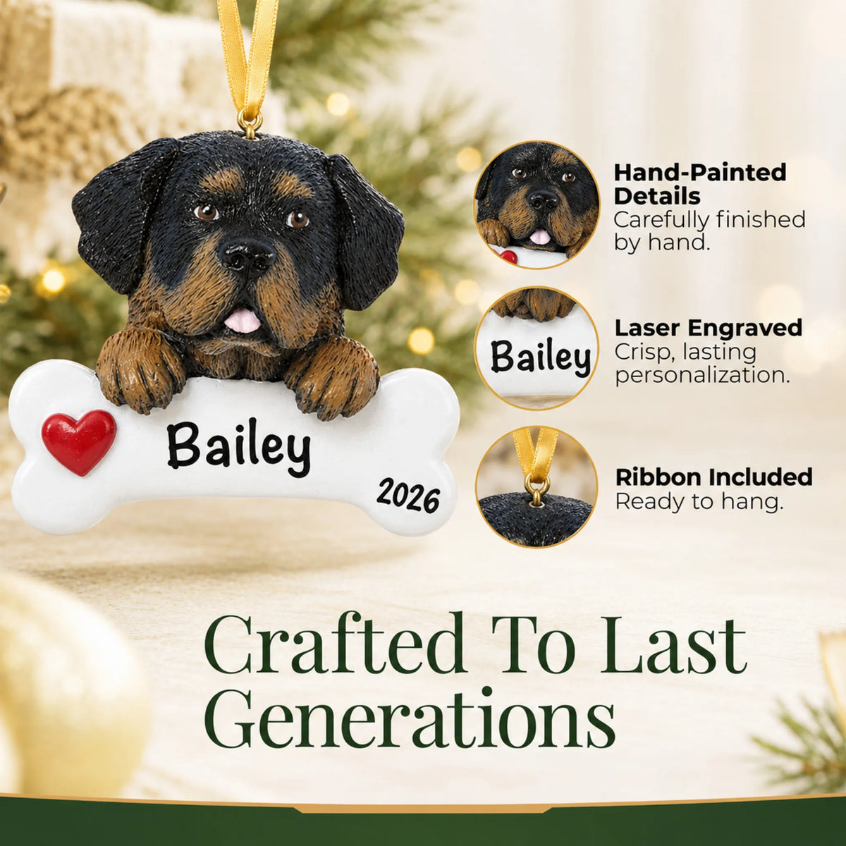 Close-up of the personalized Rottweiler Christmas ornament showing hand-painted details and laser engraving