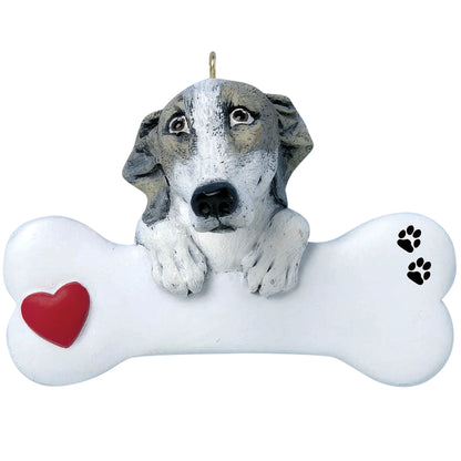 Personalized greyhound dog bone Christmas ornament shown blank, ready for your dog's name and year