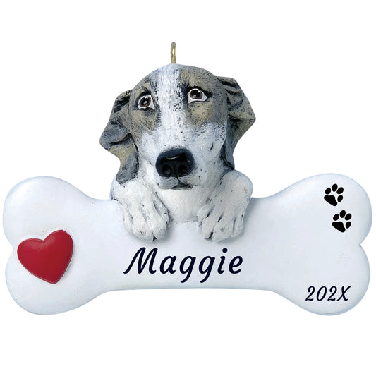 Personalized greyhound dog bone Christmas ornament, a gray and white greyhound on a white bone, red heart, name and year