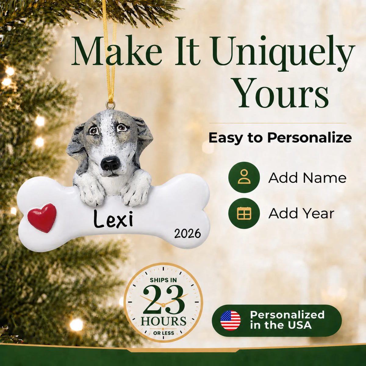 Personalized greyhound Christmas ornament with name and year options, ships in 23 hours, made in the USA