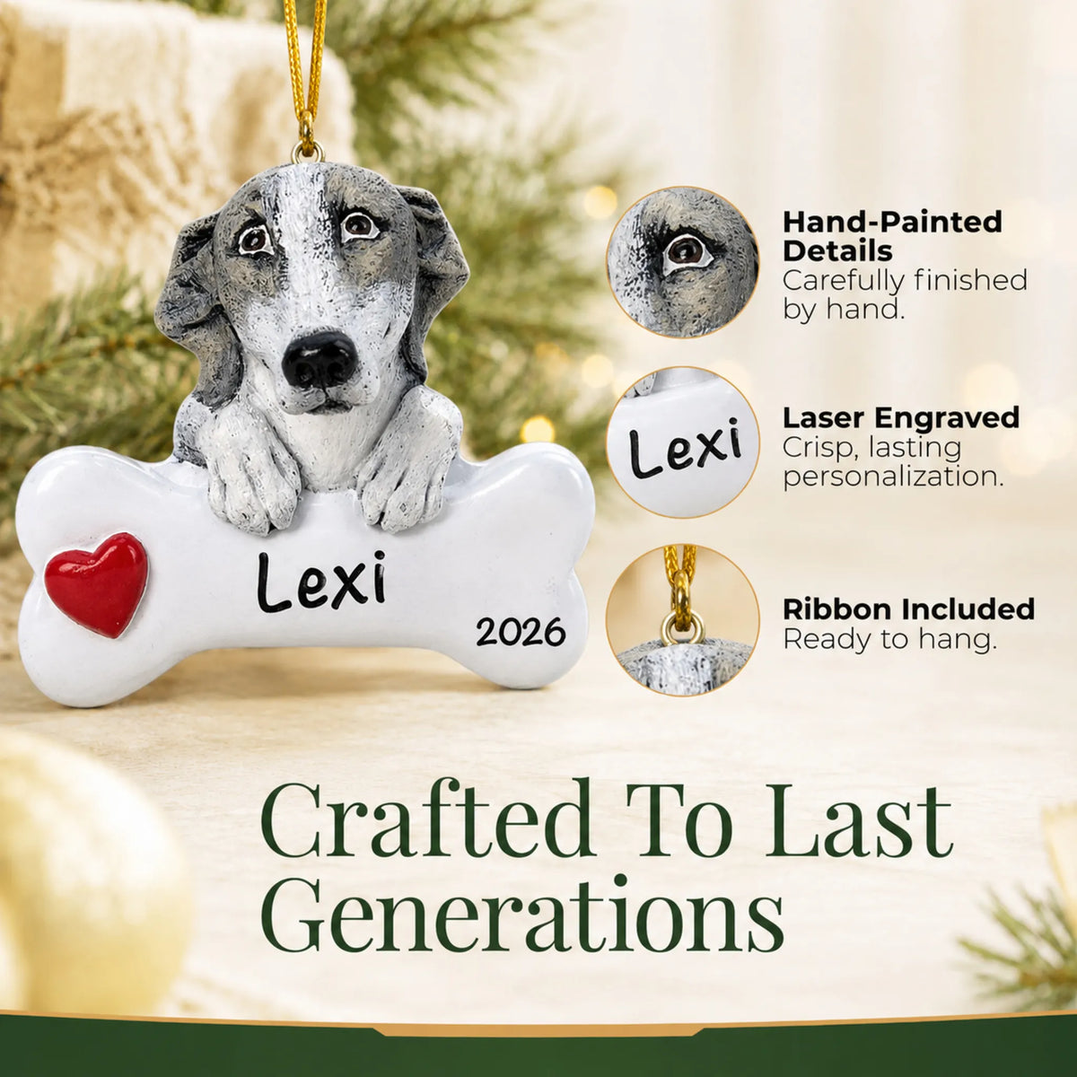 Close-up of the personalized greyhound Christmas ornament showing hand-painted details and laser engraving
