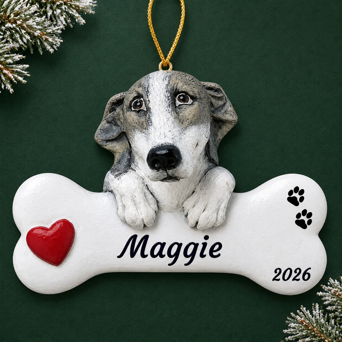 Personalized Greyhound Dog Bone christmas ornament on a dark green pine background