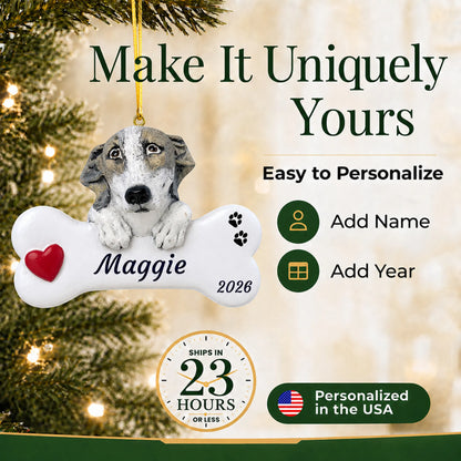 Make it yours: personalize the Greyhound Dog Bone christmas ornament with your dog's name and the year