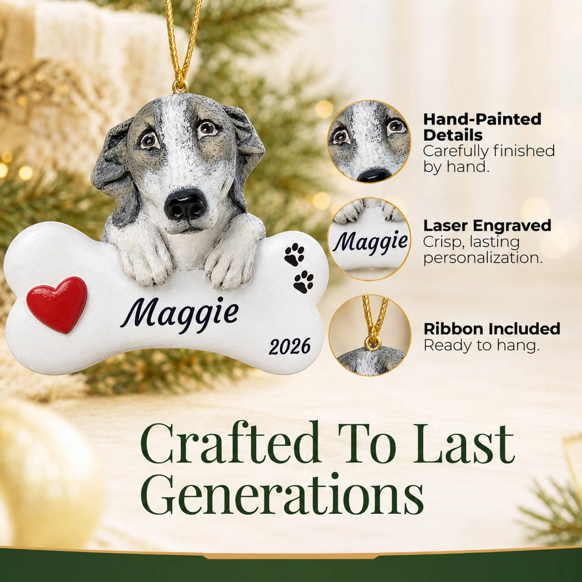 Hand-painted, laser engraved Greyhound Dog Bone christmas ornament, ribbon included